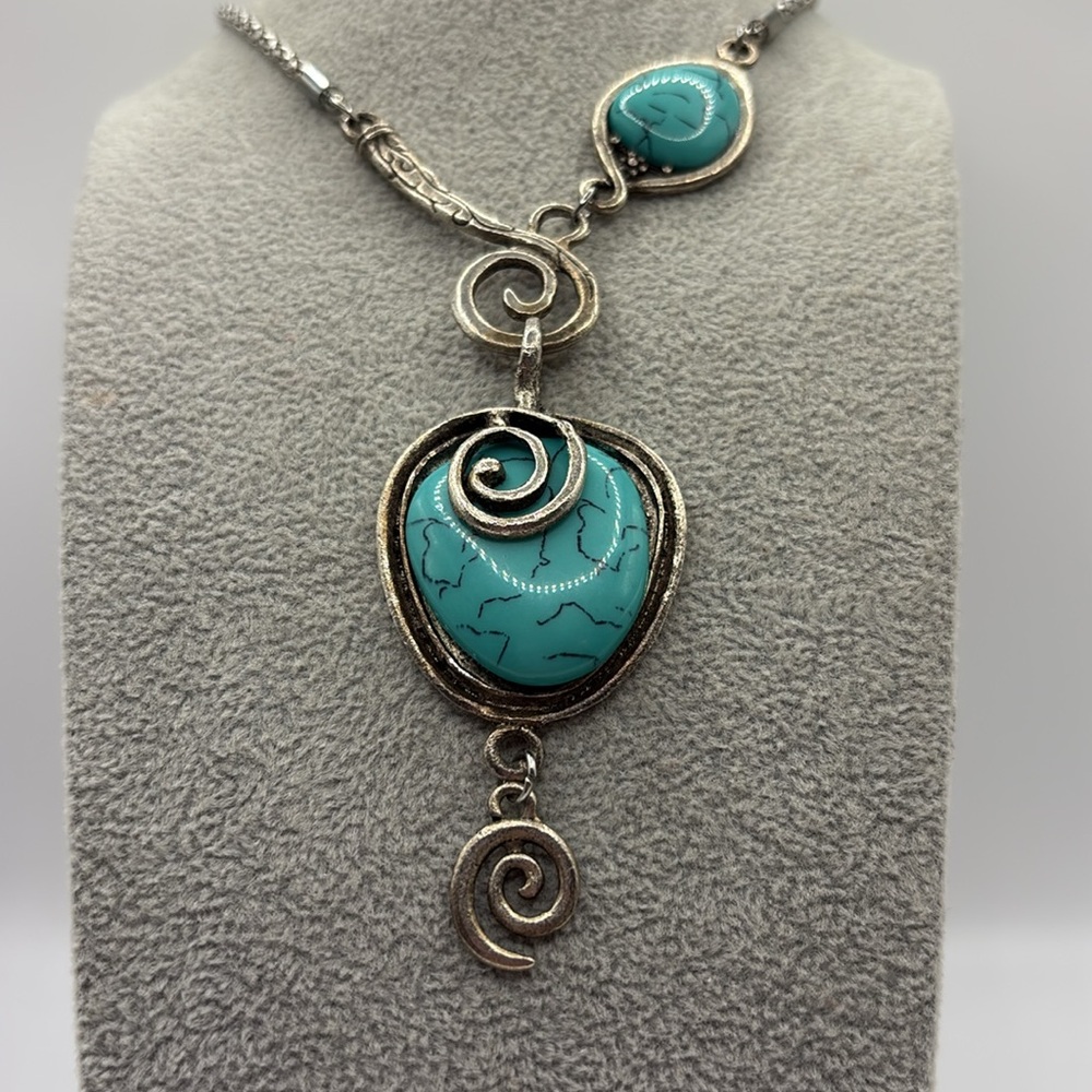 Vintage Norse Asymmetrical Design Chunky Turquoise and Silver Necklace